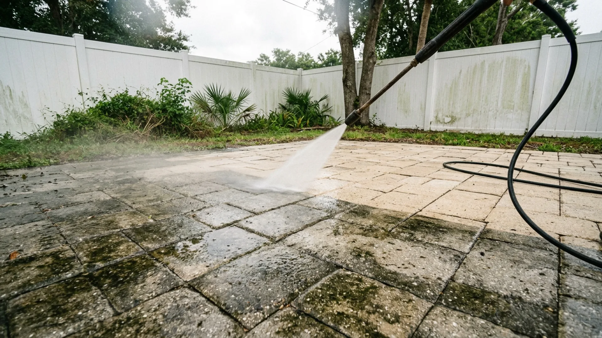 Brick pavers pressure washed clean in Florida backyard