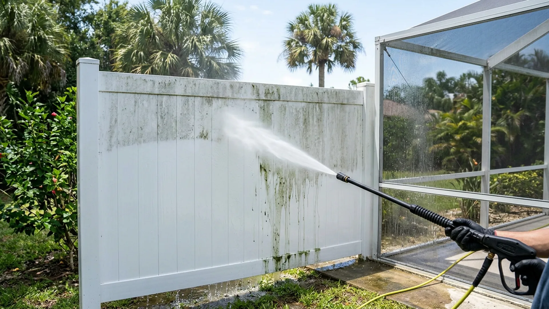 Vinyl fence and screen enclosure pressure washed — Florida residential